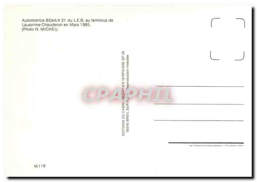 CPM Automotrice BDe 4/4 21 du L.E.B. au terminus de Lausanne-Chauderon en Mars 1985 — Verso