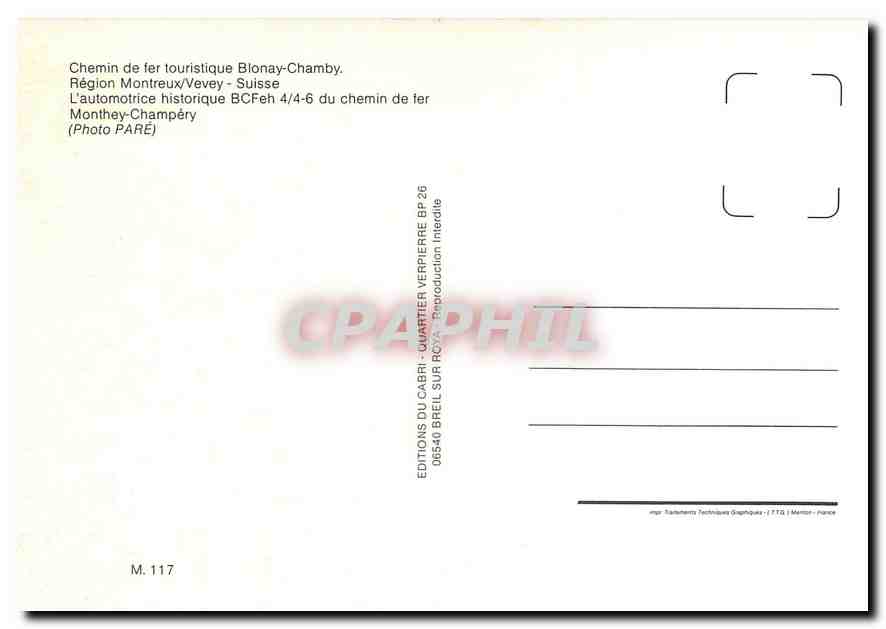 CPM Chemin de fer touristique Blonay-Chamby L'automotrice historique BCFeh 4/4-6 du chemin de fer Mo — Verso