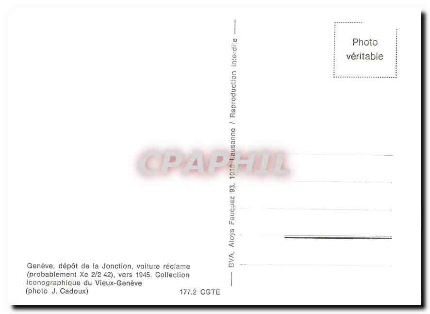 CPM Geneve depot de la Jonction voiture reclame vers 1945 — Verso