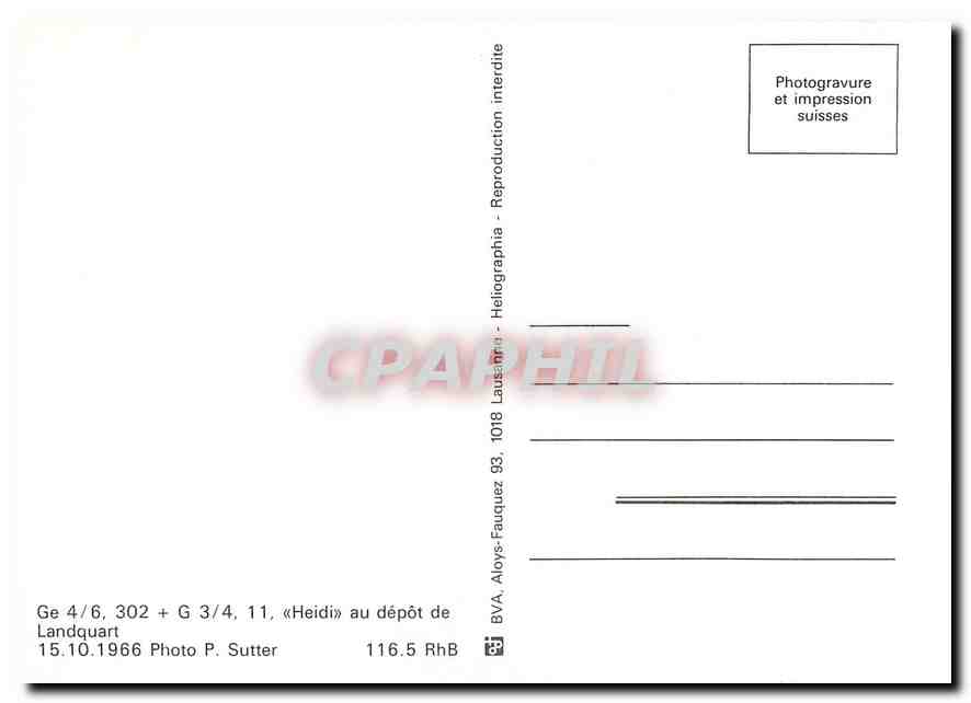CPM Ge 4/6 302+ G 3/4 11 ''Heidi'' au depot de Landquart 15.10.1966 — Verso