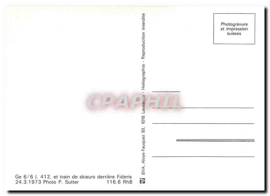 CPM Ge 6/6 1 412 et train de skieurs derriere Fideris 24.3.1973 — Verso