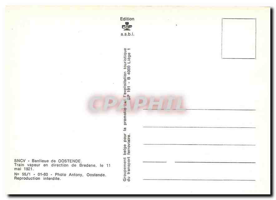 CPM SNCV - Banlieue de Oostende. Train vapeur en direction de Bredene le 11 mai 1921 — Verso