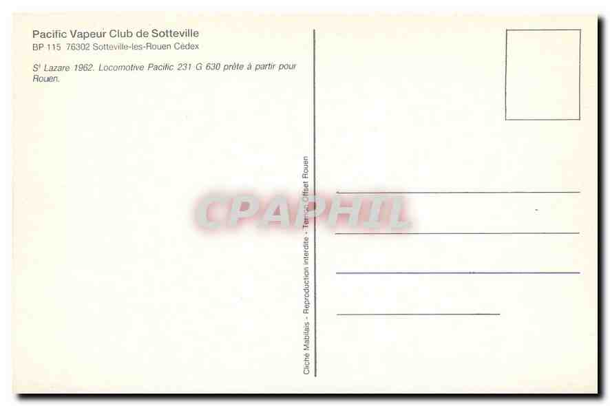 CPM St Lazare 1962. Locomotive Pacific 231 G 630 prete a partir pour Rouen — Verso