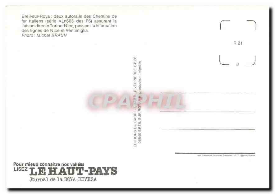 CPM Breil-sur-Roya: deux autorails des Chemins de fer Italiens assurant la liasion directe Torino-Ni — Verso