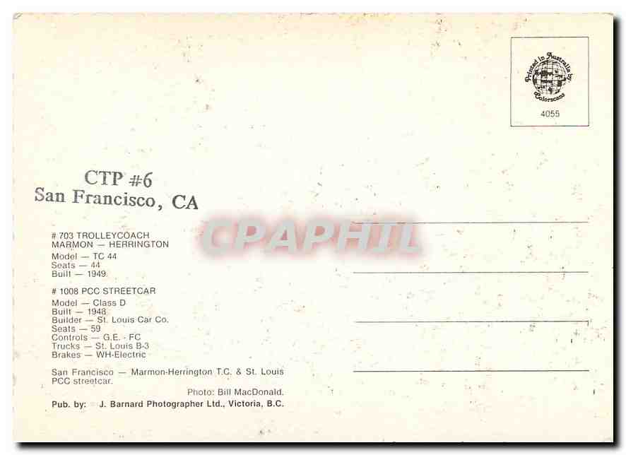 CPM San Francisco CA #703 Trolleycoach #1008 PCC Streetcar — Verso