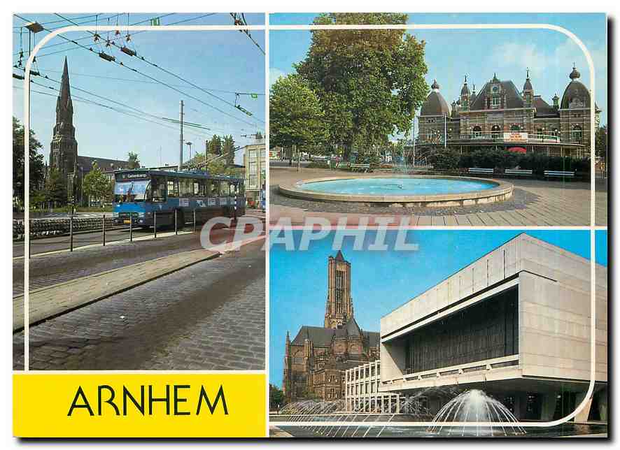 Arnhem — vue panoramique avec tramway, fontaine et édifice moderne — éditeur gebr. späthersberg