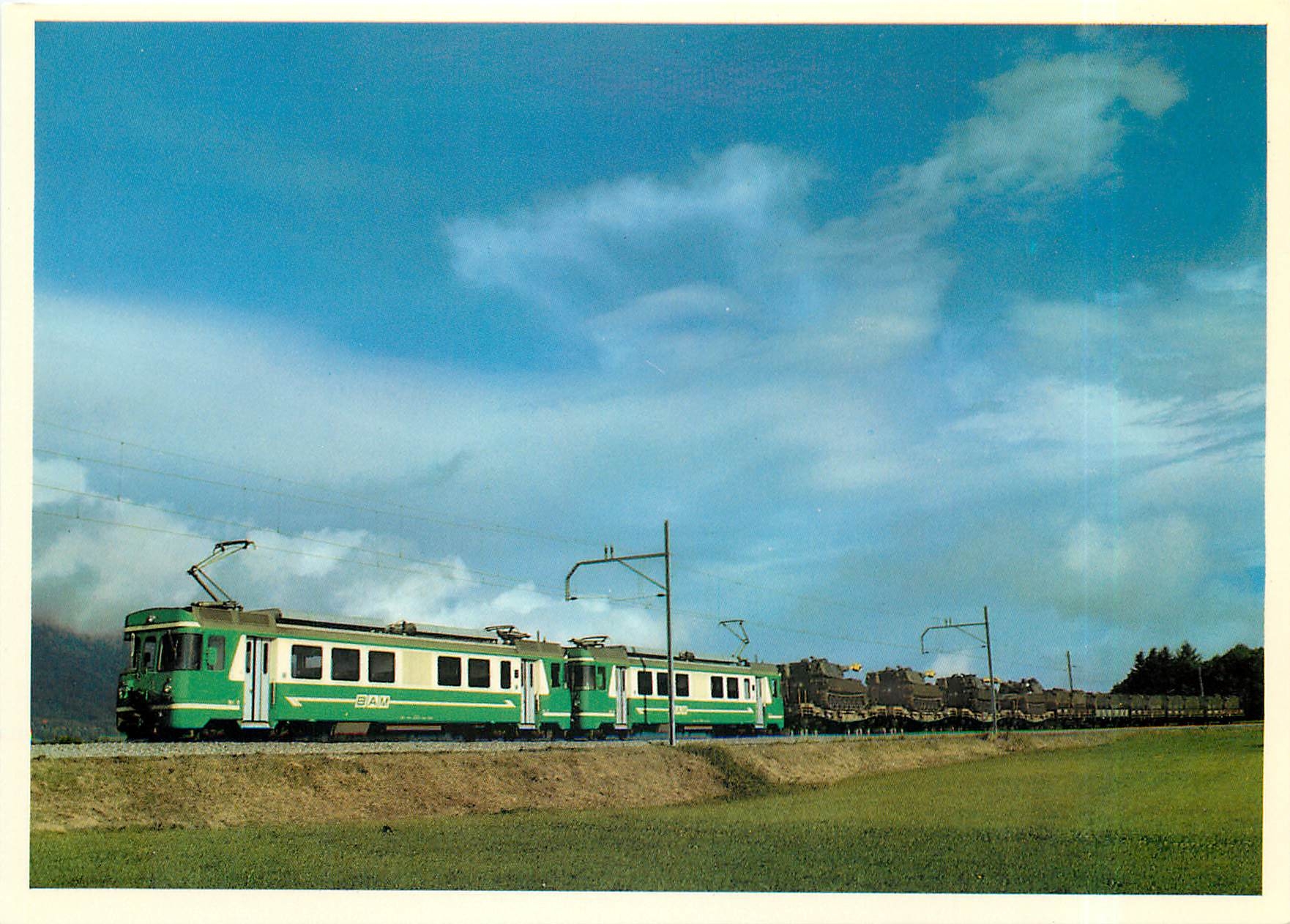 CPM trains de chars 386T sur bogies transporteurs remorque par 2 Be 4/4 entre Ballens et Biere