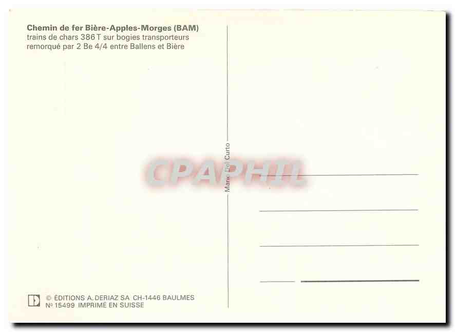 CPM trains de chars 386T sur bogies transporteurs remorque par 2 Be 4/4 entre Ballens et Biere — Verso
