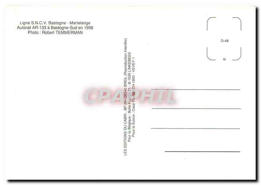 CPM Ligne S.N.C.V. Bastogne - Martelange Autorail AR-133 a Bastogne-Sud en 1958 — Verso
