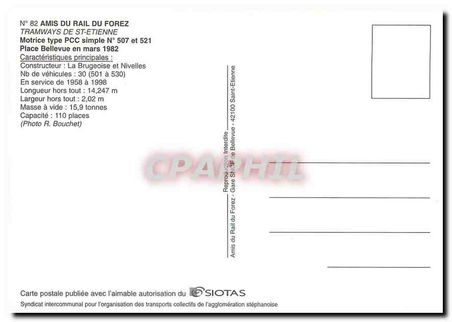CPM Motrice type PCC simple No. 507 et 521 Place Bellevue en mars 1982 — Verso