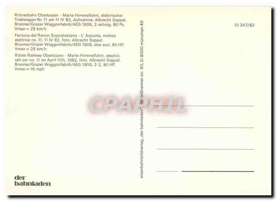 CPM Ritten Railway Oberbozen - Maria-Himmelfahrt electric rail-car No.11 on April 11th 1982 — Verso