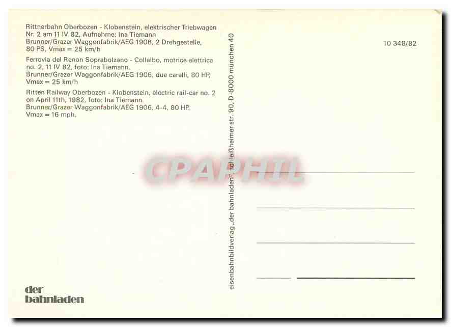 CPM Ritten Railway Oberbozen - Klobenstein electric rail-car No.2 on April 11th 1982 — Verso