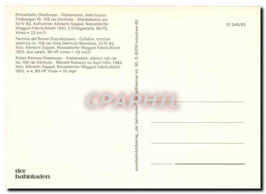 CPM Ritten Railway Oberbozen - Klobenstein electric rail-car No.105 on April 10th 1982 — Verso
