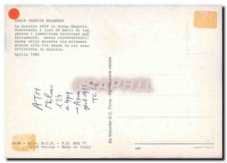 CPM La motrice 4909 in Corso Magenta — Verso