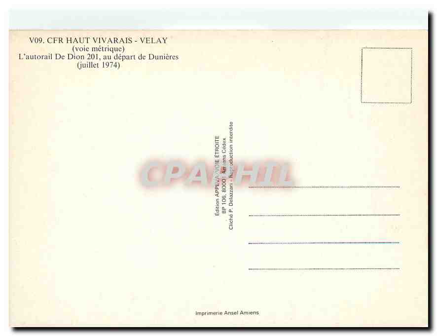 CPM L'autorail De Dion 201 au depart de Dunieres (juillet 1974) — Verso