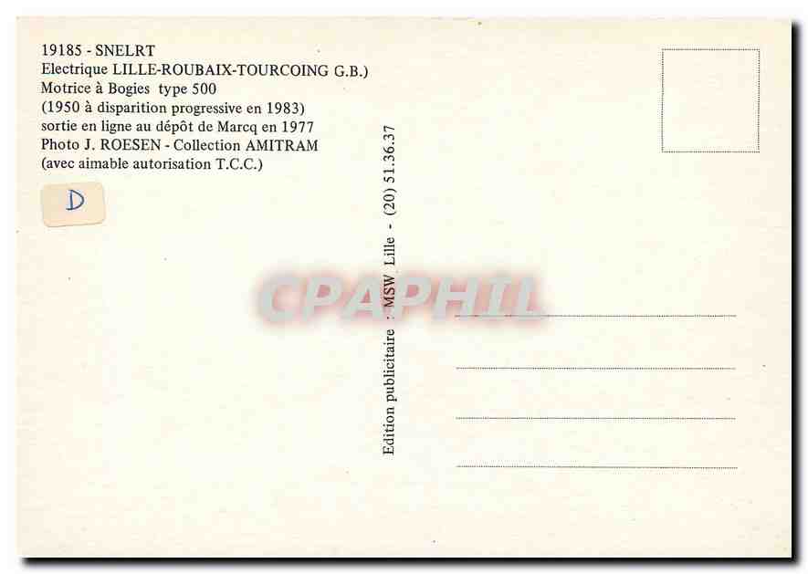 CPM Electrique Lille-Roubaix-Tourcoing Motrice a bogies type 500 — Verso