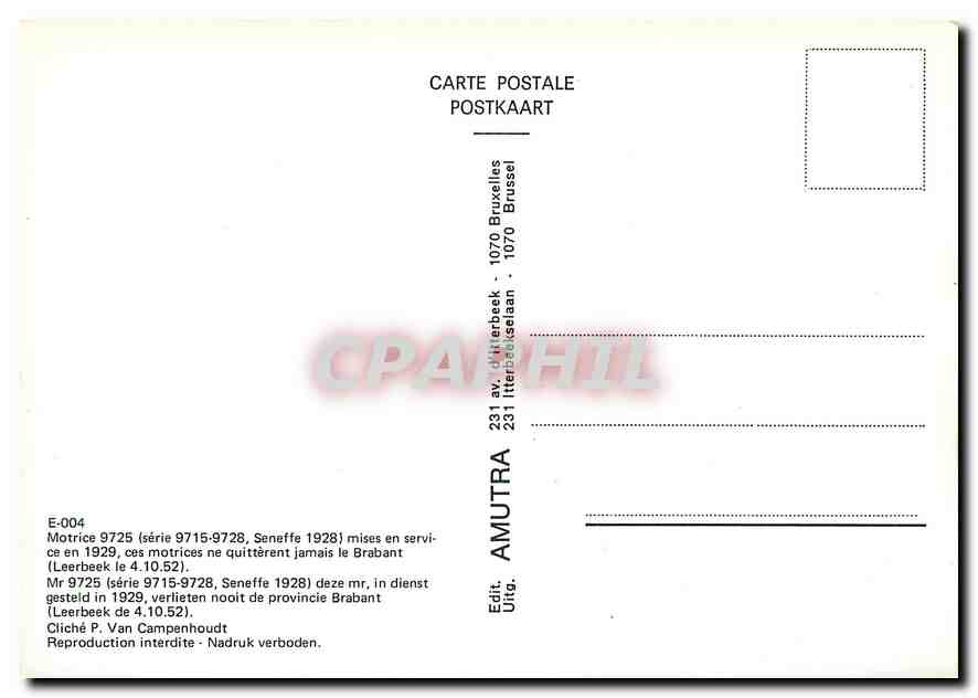CPM Motrice 9725 mises en service en 1929 ces motrices ne quitterent jamais le Brabant — Verso