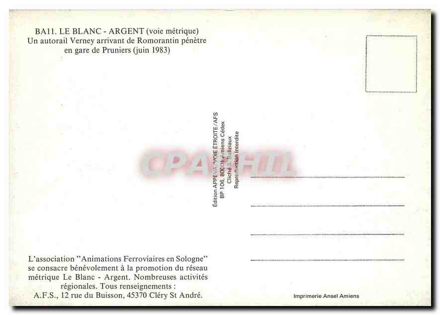 CPM Un autorail Verney arrivant de Romorantin penetre en gare de Pruniers (juin 1983) — Verso