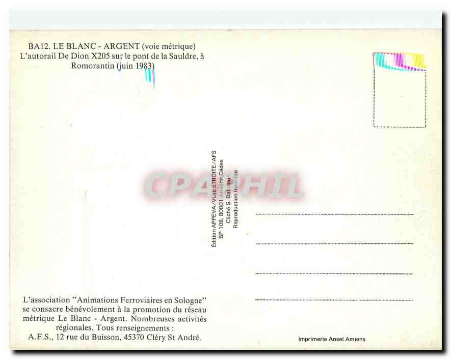 CPM L'autorail de Dion X205 sur le pont de la Sauldre a Romorantin (juin 1983) — Verso