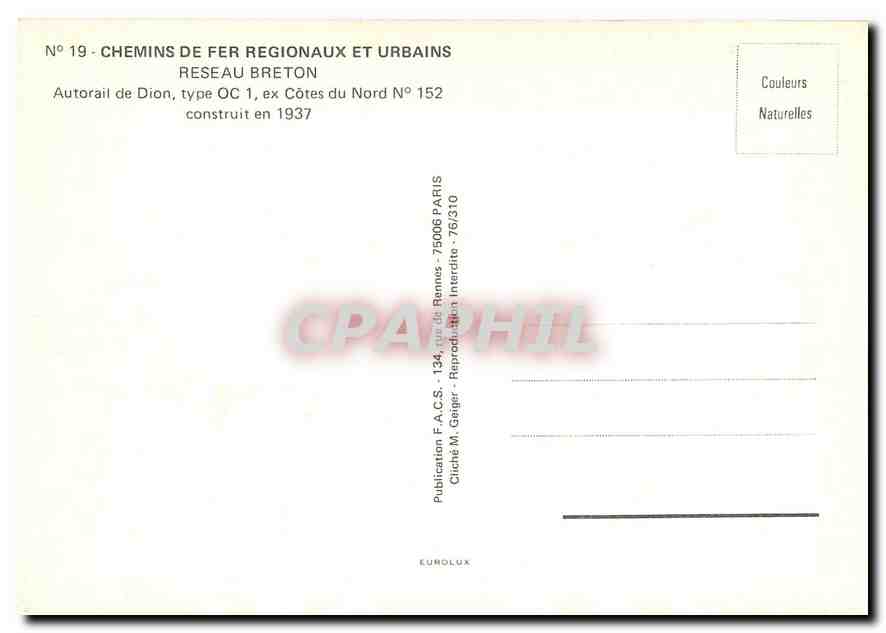 CPM Autorail de Dion type OC 1 ex Cotes du Nord No 152 construit en 1937 — Verso