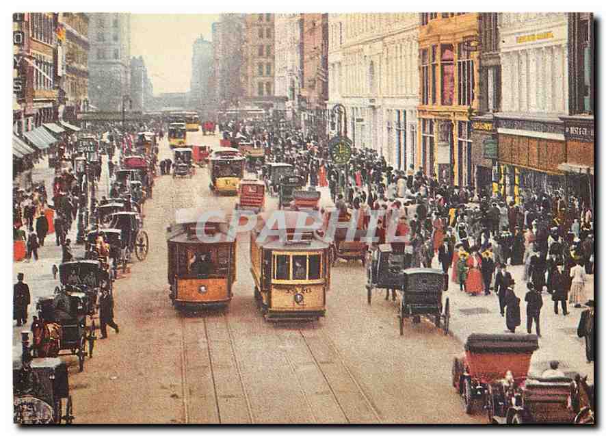 CPM New York New York. Trolleys hansom cabs and pedestrians throng Tewnty-third St. near Sixth Ave