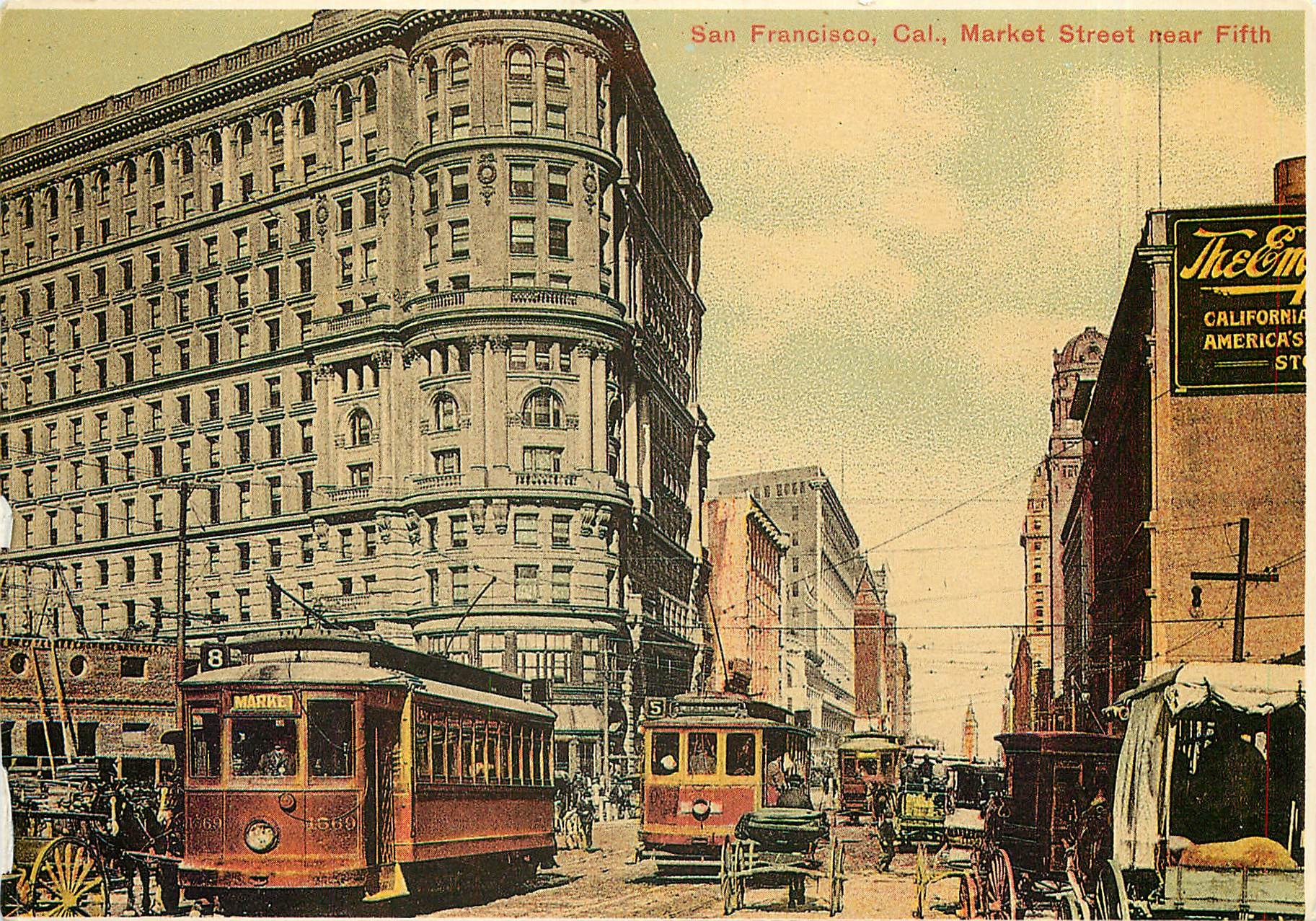 CPM San Francisco California. Trolleys and horse-drawn carriages vie for space on Market ST. near Fi