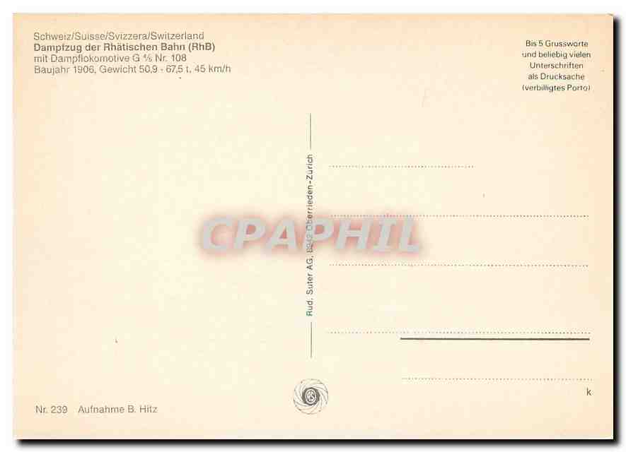 CPM Dampfzug der Rhaetischen Bahn (RhB) mit Dampflokomotive G 4/5 Nr. 108 — Verso