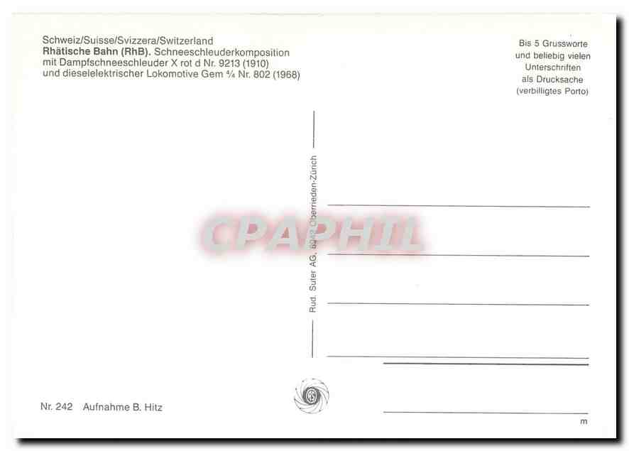 CPM Rhaetische Bahn (RhB). Schneeschleuderkomposition mit Dampfschneeschleuder X rot d Nr. 9213 — Verso