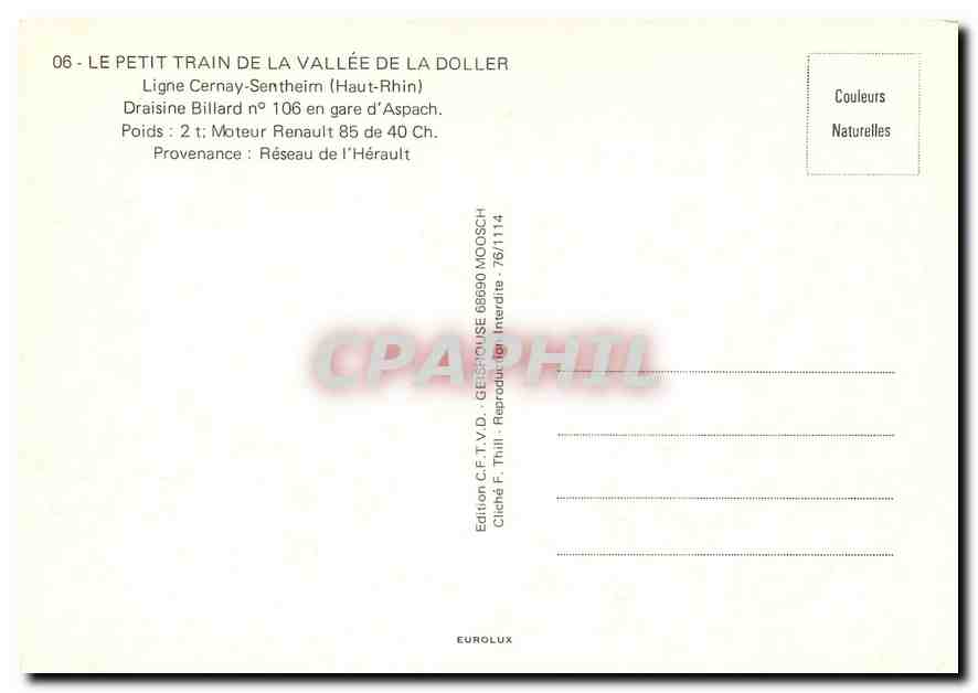 CPM Draisine Billard No.106 en gare d'ASpach — Verso