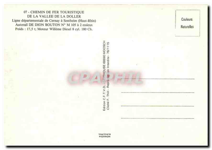 CPM Autorail de Dion Bouton No M 105 a 2 essieux — Verso