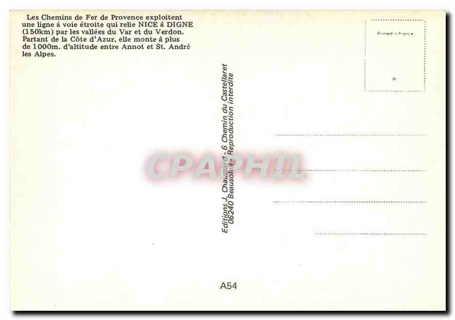 CPM Arrivee du train special a Puget Theniers — Verso