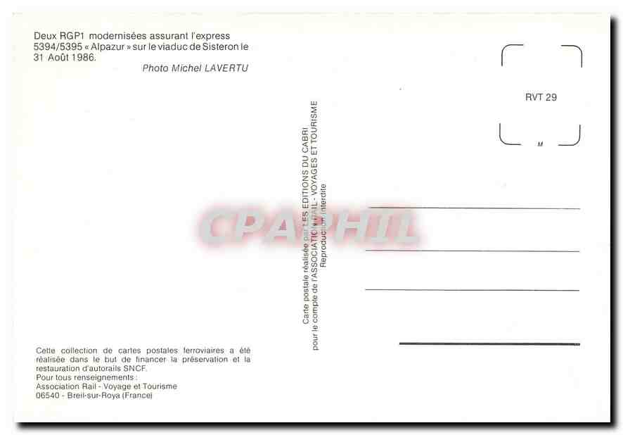 CPM Deux RGP1 modernisees assurant l'express 5394/5395 Alpazur sur le viaduc de Sisteron le 31  — Verso