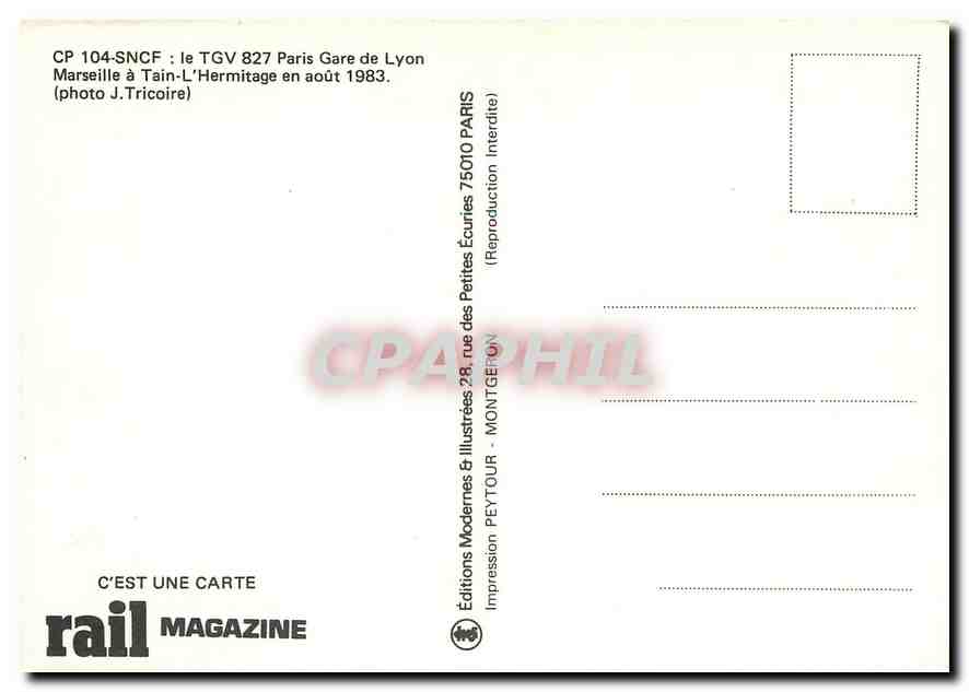 CPM CP 104-SNCF: Le TGV 827 Paris Gare de Lyon-Marseille — Verso
