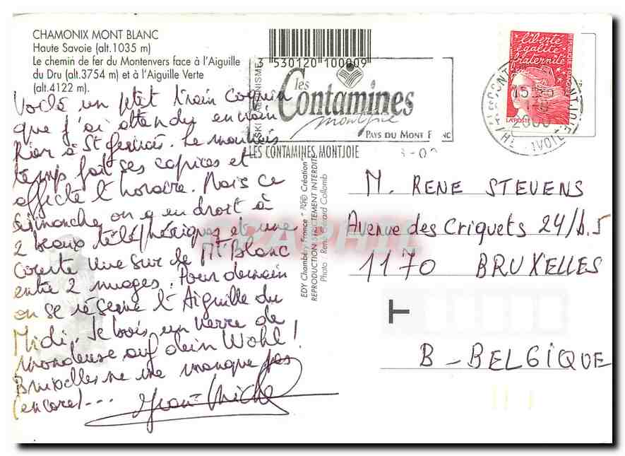 CPM Le chemin de fer du Montenvers face a l'Aiguille du Dru (alt.3754m) et a l'Aiguille Verte (alt.4 — Verso