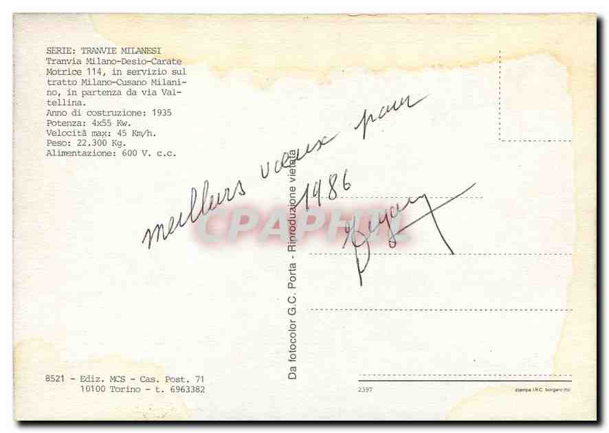 CPM Tranvia Milano-Desio-Carate Motrice 114 — Verso