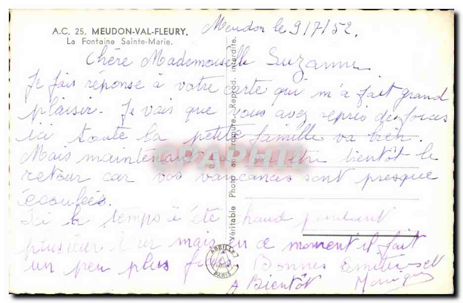 Meudon Val Fleury CPM La fontaine Sainte Marie — Rückseite