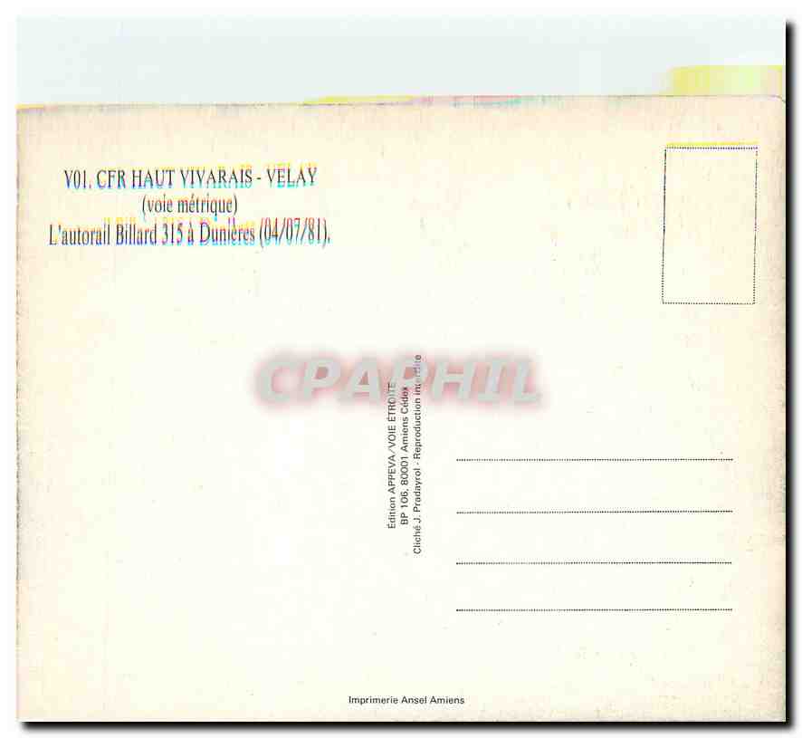 CPM L'autorail Billard à Dunières 04/07/81 — Verso