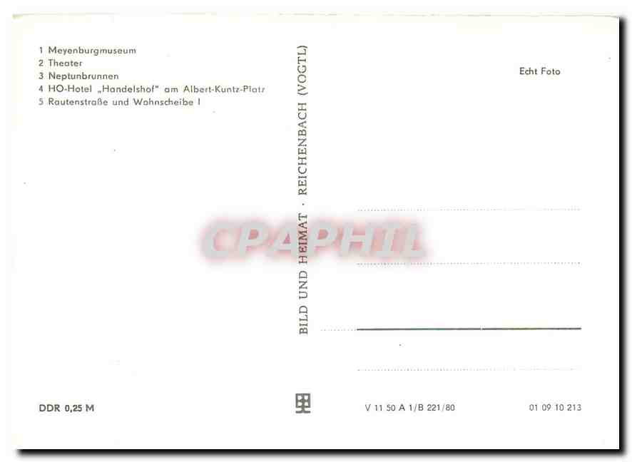 CPM Meyenburgmuseum Theater Neptunbrunnen HO hotel RautenstraBe und Wohnscheibe — Verso