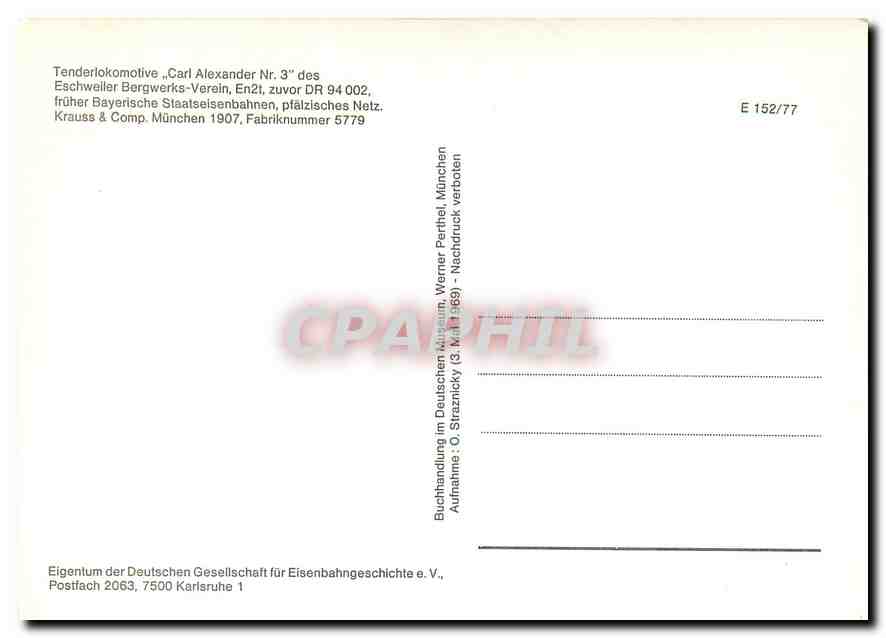 CPM Tenderlokomotive Carl Alexander des Eschweiler Bergwerks Verein Munchen 1907 — Verso