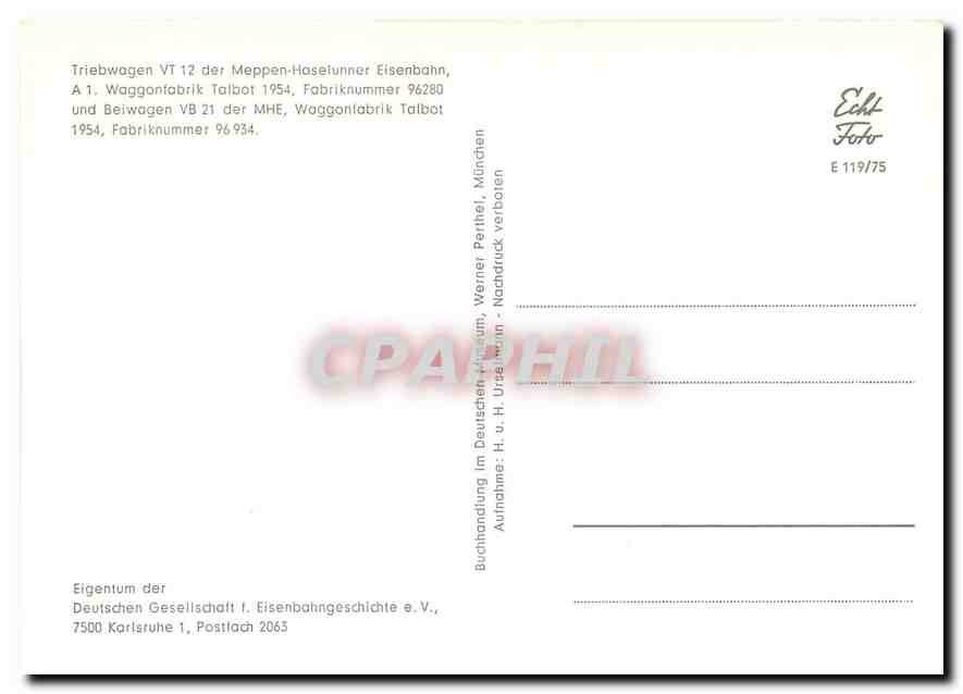 CPM Triebwagen der Meppen Haselunner Eisenbahn Waggoflabrik Talbot 1954 — Verso