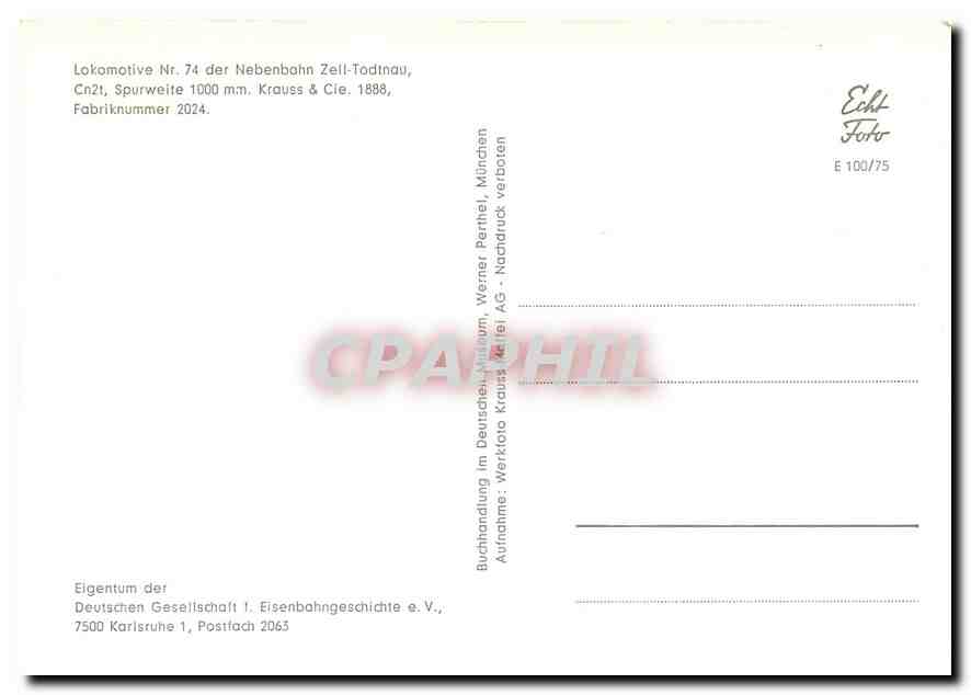 CPM Lokomotive der Nebenbahn Zell Todtnau Krauss & Cie 1888 — Verso