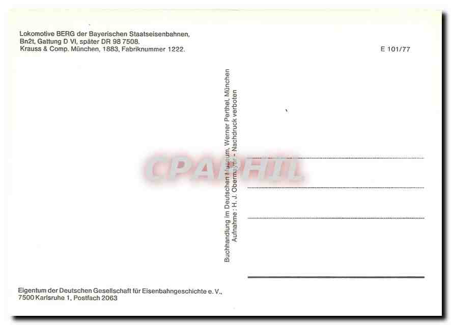 CPM Lokomotive Berg der Bayerischen Staatseisenbahnen Krauss & Comp Munchen 1883 — Verso