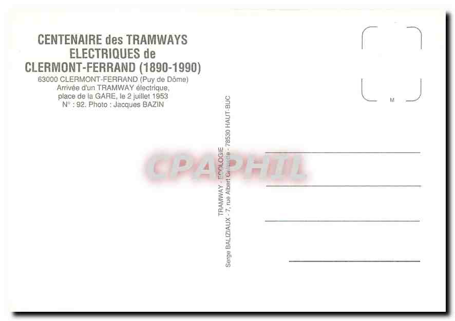 CPM Clermont Ferrand arrivée d'un trampway électrique place de la Gare le 2 juillet 1953 — Verso