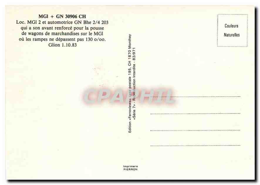 CPM Locomotive MGI et automotrice GN pour la pousse de wagons de marchandises Glion — Verso