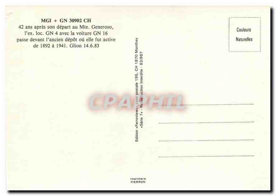 CPM Locomotive GN avec la voiture GN Glion 14 juin 1983 — Verso