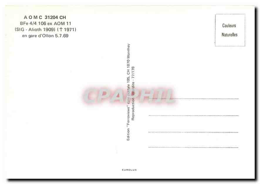 CPM Aomc en gar d'Ollon 5 juillet 1969 — Verso