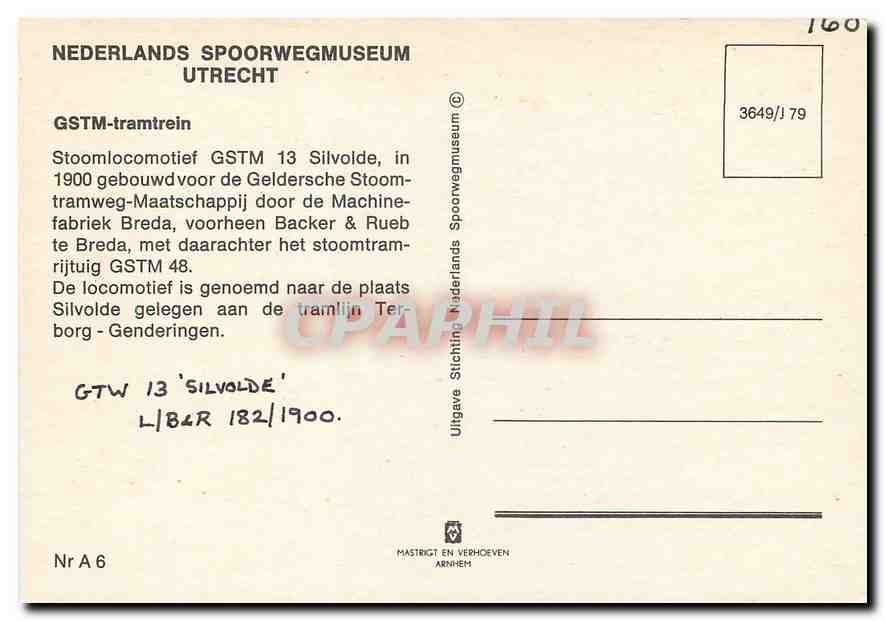 CPM Nederlands Spoorwegmuseum utrecht GSTM tramtrein — Verso