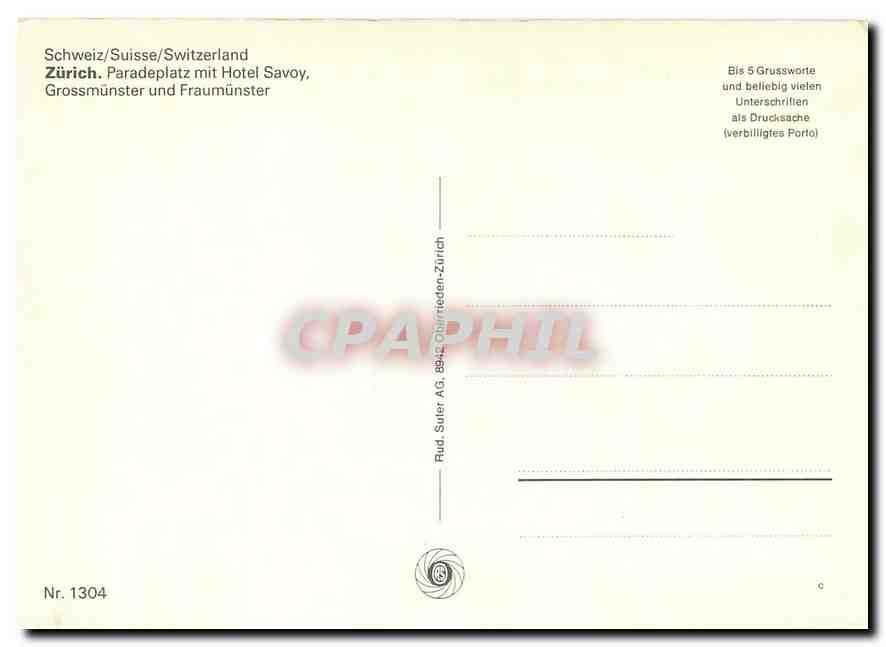 CPM Zurich Paradeplatz mit Hotel Savoy — Verso