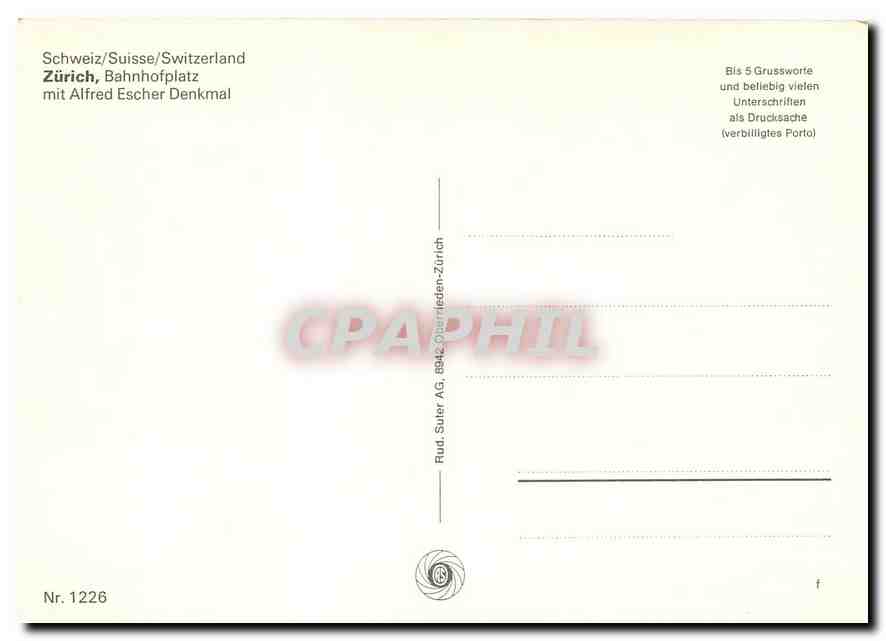 CPM Zurich Bahnhofplatz mit Alfred Escher Denkmal — Verso