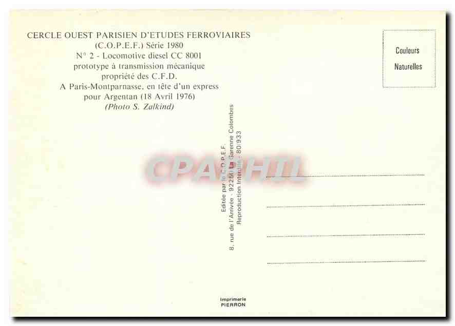 CPM Locomotive diesel à Paris Montparnasse en tête d'un express pour Argentan — Verso